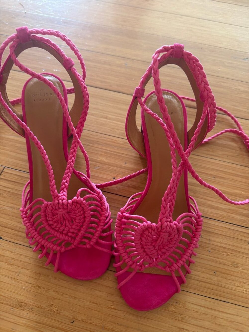 Sézane Pink Suede Macramé Heart Lace Up Block Heel Sandals 40 US 9